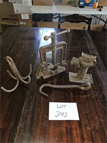 Cast Metal Bottle Jack, Grappling Hook, Meat Hook & Antique # M-2 1/2 Pipe Threa