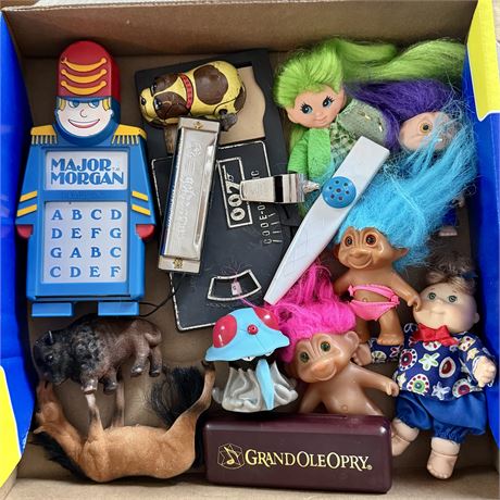 Flat of Small Vintage Toys - Trolls, Felt, Harmonicas and More