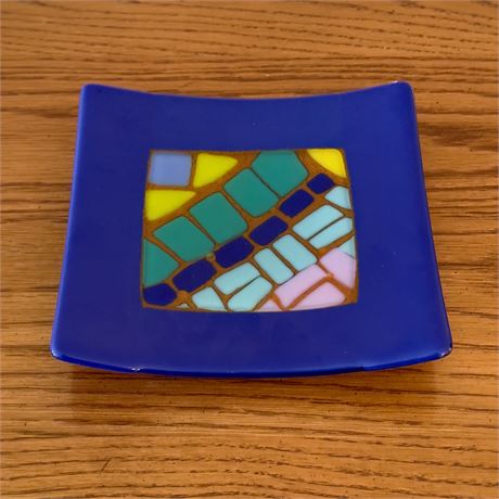 Convex Square Decorative Art Glass Dish or Candle Holder