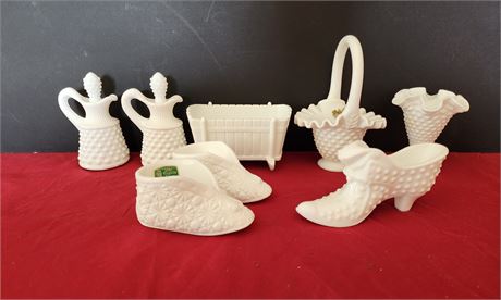 Fenton Milk glass shoes, basket, etc