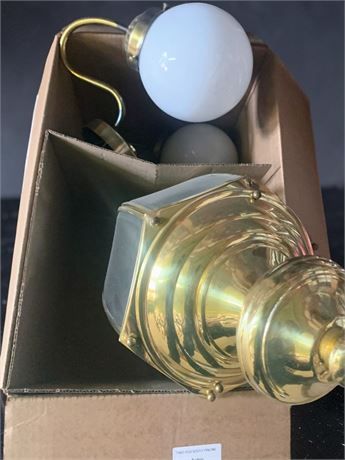 Brass & Opaline Glass Wall Sconce & Brass Lantern Light