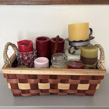 Large Basket with Candles and Candle Holders