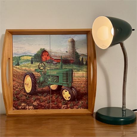 John Deere Decorative Tiled Tray and Dark Green Gooseneck Table Lamp