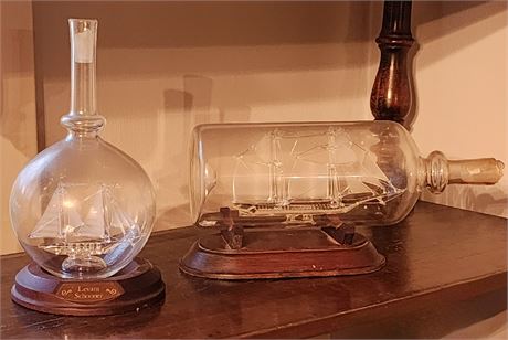 2 Glass Ships in Bottles w/ Wooden Stands