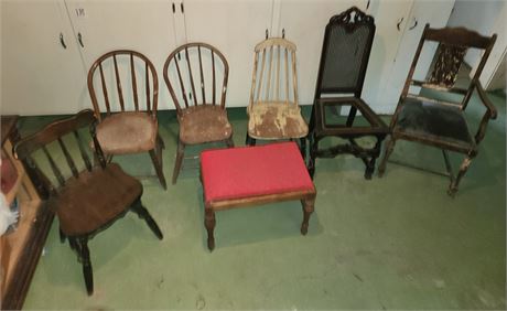 Antique chairs, bench for restoration