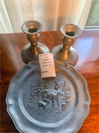 Pewter Deer/Fawn Wall Plate & Vintage Pewter Candlestick Holder Set
