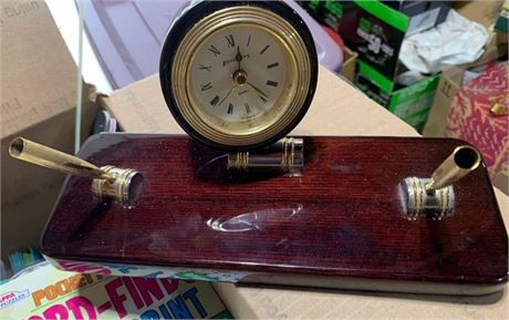 Office Lot Vintage Reflections Cherry Desk Clock With Double Pen Holder