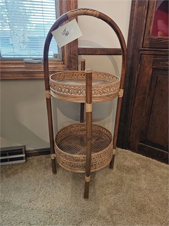 Wood Cane & Rattan Tiered Tea Tray Stand