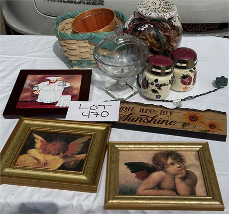 Mixed Home Decor- Wall Art, Candy Dish, Baskets & More