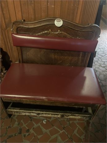 Red Upholstered Bench Seat W/Ornate Wood Back
