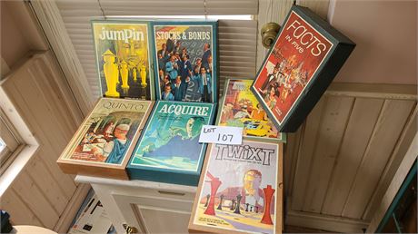 Vintage Bookshelf Board Games: Acquire/Quinto/Facts in Five & More