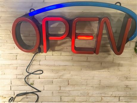 Neon "Open" Light Up Sign Red Letters With Single Blue Open Arc/Arch (Vintage)