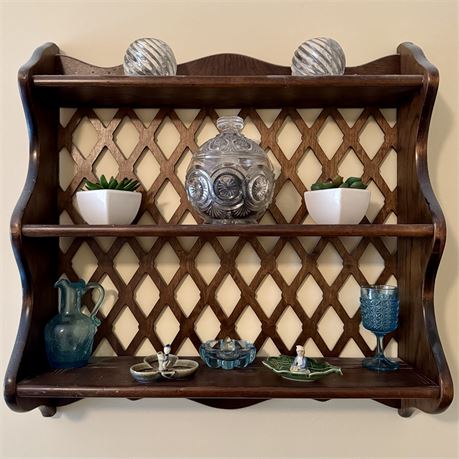Wooden Lattice Wall Shelf with Contents - 21.5 x 22"