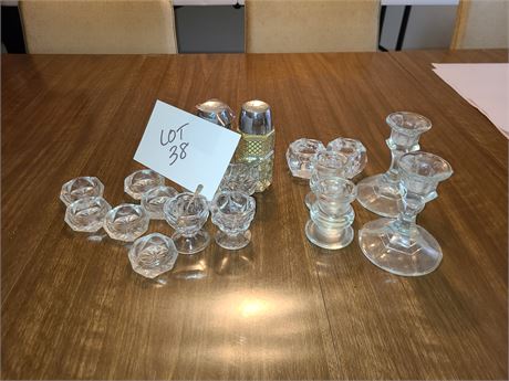 Mixed Clear Glass Lot: Candlesticks/Holders/S&P Set/Salt Cellar Sets & More