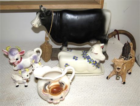 Cow Figurines, Salt & Pepper Shakers, Butter Dish