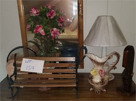 Mixed Decor Lot- Mirror, Lamp, Doll Bench, Faux Flowers & More
