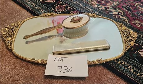 Vintage Gold Tone Vanity Mirror With Cameo Brush & Comb Set