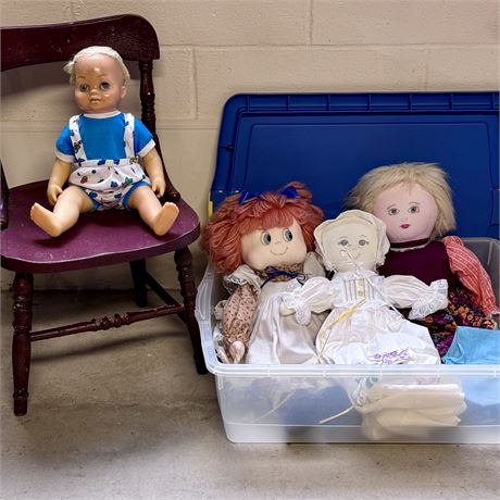 Tote of Adorable Handmade Cloth Dolls, Creepy Doll and Small Antique Chair