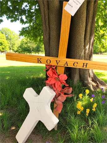 Memorial Crosses - One Wood with Poinsettia Flowers and One White Styrofoam