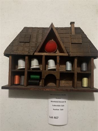 Vintage Rustic Wooden Wall Thimble Display House W/Thimbles & Pin Cushion