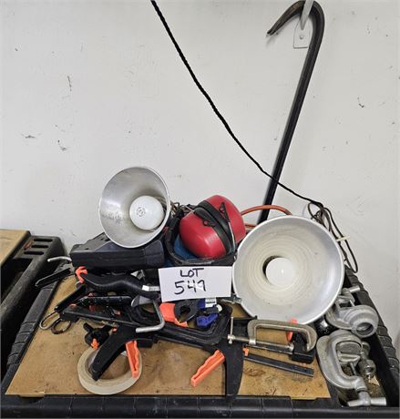 Misc Lot- Trouble Lights, Clamps, Power Stapler, & More