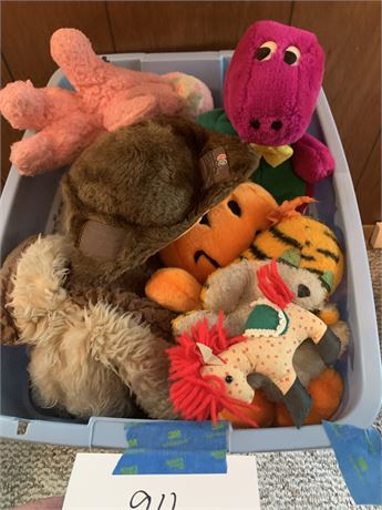 Tote of Stuffed Animals Including Barney the Dinosaur Bears Frog Bunny & More