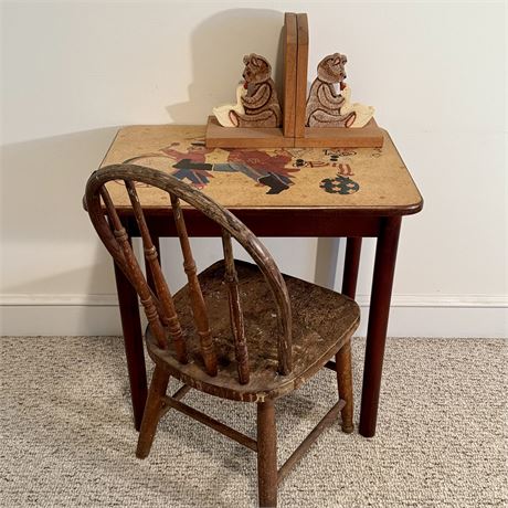 Children's Bear Motif Table, Rustic Chair and Teddy Bear Bookends