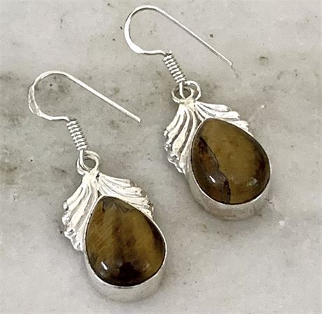 Sterling Silver Genuine Tiger's Eye Teardrop Dangle Earrings