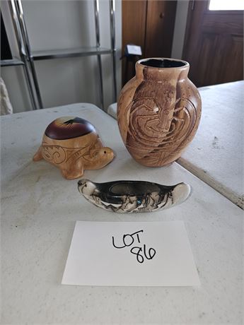 Hand Carved Wood Johnson Ancient Symbols Vase, Yanito Turtle & Scrimshaw Canoe