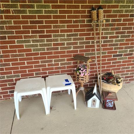 Mixed Outdoor Lot: Small Plastic Tables / Planters / Windchimes & More