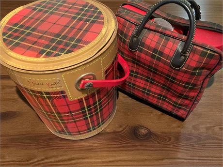 Red Plaid Skotch Kooler 4-Gal Cooler, Picnic Bag & Harlequin Pattern Thermos