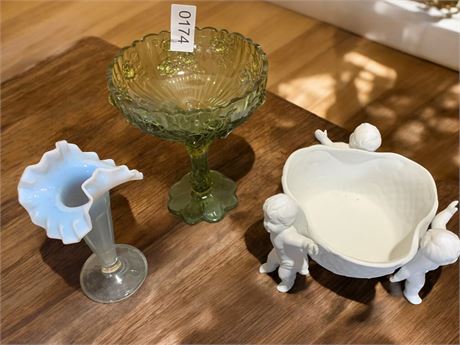 Fenton Green Cabbage Rose Compote Bowl, Flutter Top Vase, White Cherub Planter