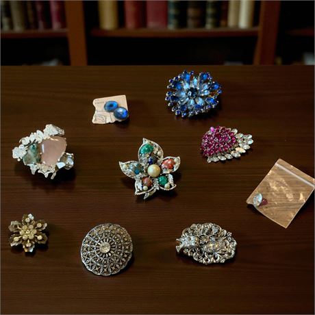 Vintage Sarah Coventry Fantasy Leaf, French Art Deco Filigree Circle Brooches