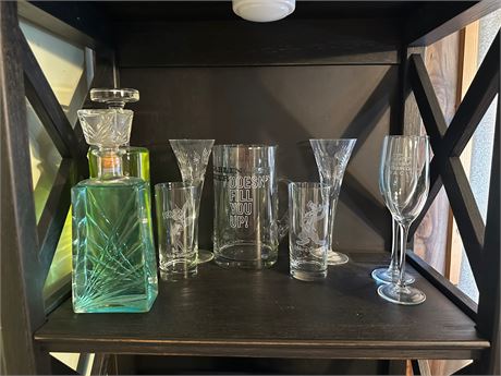 Crystal Champagne flutes, drinking glasses and Decanters