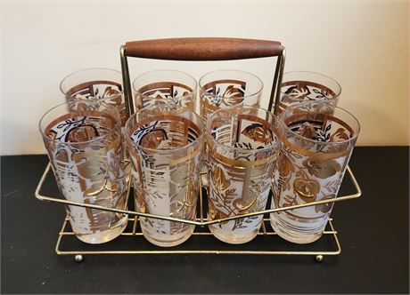 Vintage Set of 8 Libbey MCM Tumbler Glasses in Metal Carrier