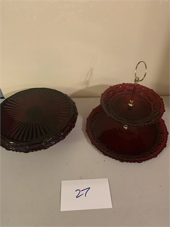 Avon Cape Cod Ruby Red Glass Cake Plate and 2 Tier Dessert/Snack Serving Plate