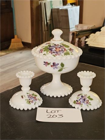 Consolidated Glass HP African Violet Compote & Candle Holders
