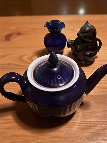 Hall Cobalt Blue Teapot,  Shafford Black Cat Teapot, Cobalt Glass Flower Vase