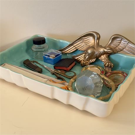 Vintage Rectangular Ceramic Planter w/ Various Odds/Ends & Collectibles