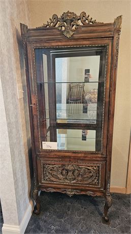 Vintage Carved Wood Beveled Glass Curio Cabinet