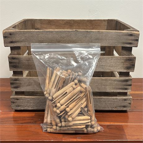 Slatted Wood Crate and Old Clothes Pins