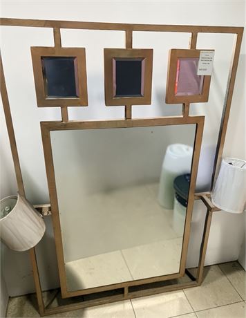Contemporary Gold Metal Framed Wall Mirror W/Integrated Sconces