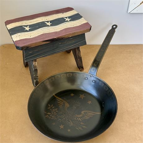 Folk Art Americana Hand Painted Antique Skillet & Small Decorative Bench