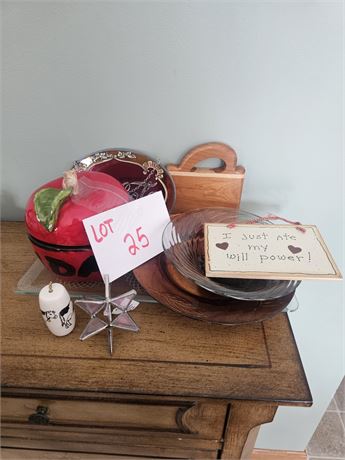Mixed Decor Lot- Bread Plate, Apple Grease Jar & More