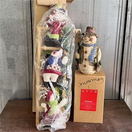 Like New - 28" Lighted Snowman on Ladder, Snowman Lamp & Figurine