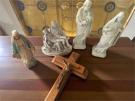 Virgin Mary, St Joseph, Pieta Statuary & Wooden Wall Crucifix