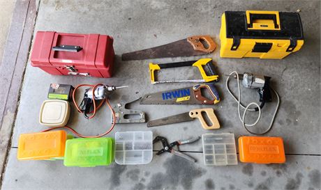 Assorted Tools, Nuts, Bolts, Drills, Toolboxes, Etc