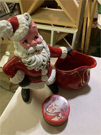 1977 Atlantic Mold Hand Painted Santa and His Sack & Santa Tin Mini Coasters