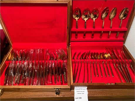 Thai Bronze & Rosewood Flatware Set & Gold Plated Flatware Set In Wood Boxes