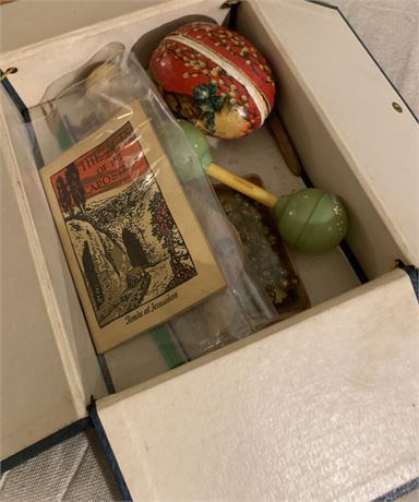 Leather Bound Treasure Chest Box W/ Fold Out Top, German Paper Mache Egg